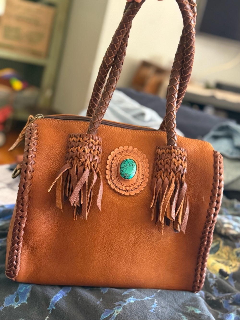 American Darling Western Leather Speedy Bag Turquoise Fringe rare factory error